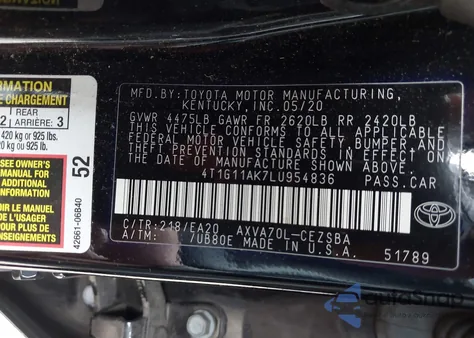 2020 Toyota Camry Se из США, поврежденный, VIN 4T1G11AK7LU954836